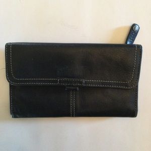 Fossil Black Genuine Leather Wallet Clutch Billfold Zip Area